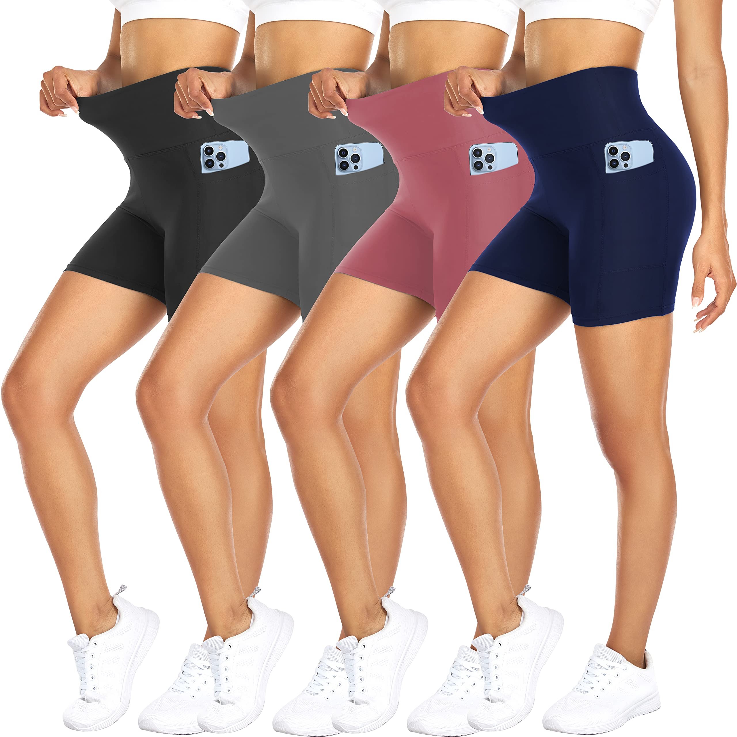 FULLSOFT 4 Pack Biker Shorts for Women with Pockets – 5" High Waisted Tummy Control Workout Yoga Running Gym Tennis Shorts - Product Image