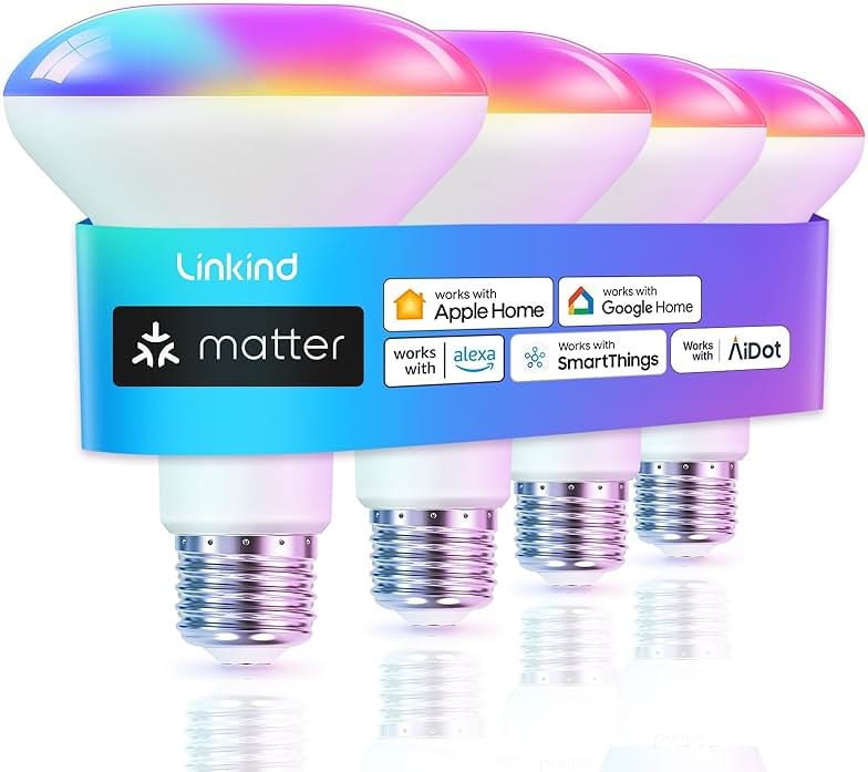 Linkind Matter Smart Light Bulb, BR30 Smart Bulbs, Recessed LED Color Changing Light Bulbs RGBTW, E26 Smart Flood Light Bulbs 650LM 60W Work with Alexa, Apple Home, Google Home, SmartThings, 4Pack - Product Image