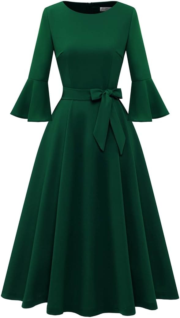 HomRain Women's Church Dresses Modest Bell Sleeve Wedding Guest Cocktail Tea Party Vintage Evening Dress - Product Image