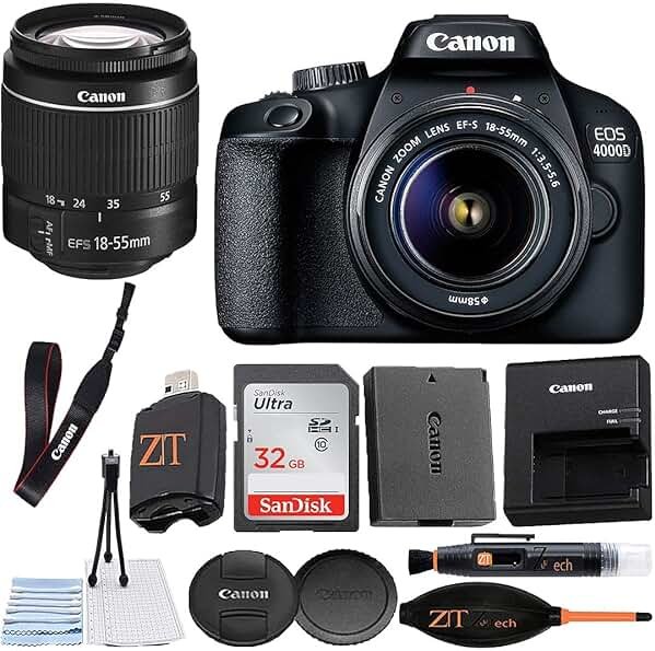 Canon EOS 4000D / Rebel T100 DSLR Camera 18-55mm Zoom Lens + ZeeTech Accessory Bundle with SanDisk 32GB Memory Card, Cleaning Starter Kit, High Speed Memory Card Reader (Renewed) - Product Image