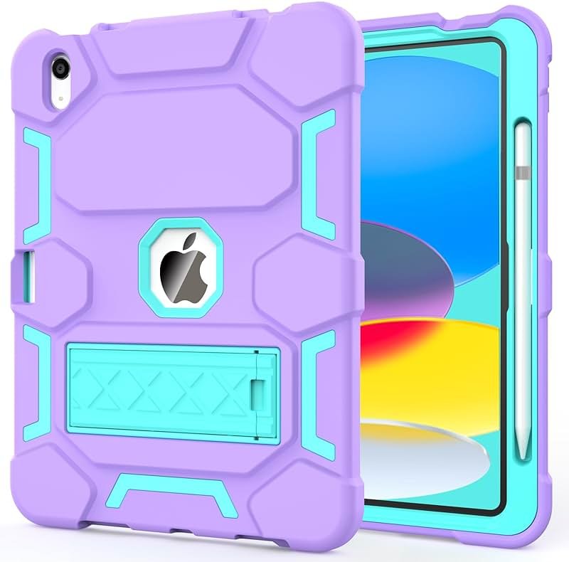 CCMAO Case for iPad 11th Generation (A16) 2025 11 Inch & 10th Generation (2022) 10.9 Inch, Rugged Heavy Duty Full-Body Shockproof Protective Cover with Kickstand and Pencil Holder, Purple+Green - Product Image