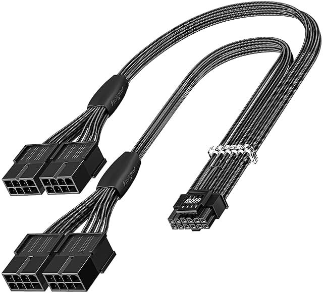 Fasgear 16pin GPU Cable to 4X 8 Pin Pcie Extension - PCI-e 5.0 12VHPWR Extender Cord 40cm Sleeved 12V-2x6 Cable for GeForce RTX 5090 5080 5070 5070Ti 4090 4080 4070ti 3090Ti (16AWG/Black) - Product Image