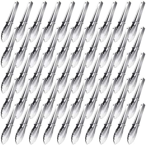 Meanplan 50 Pcs Small Stainless Steel Kitchen Tongs 7 Inch Food Serving Tongs Metal Cooking Clips High Heat Resistant Clips with Sliding Rings for Buffet Food Cooking Salad Grilling, Silver - Product Image