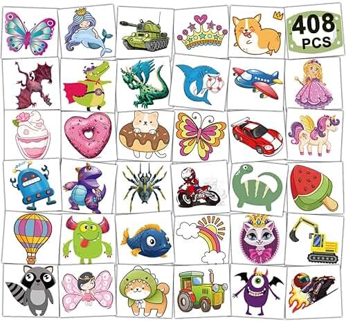 CHARLENT 408 PCS Individually Wrapped Temporary Tattoos for Kids - Mixed Tattoos for Kids Birthday Party Favors Goodie Bag Fillers - Product Image