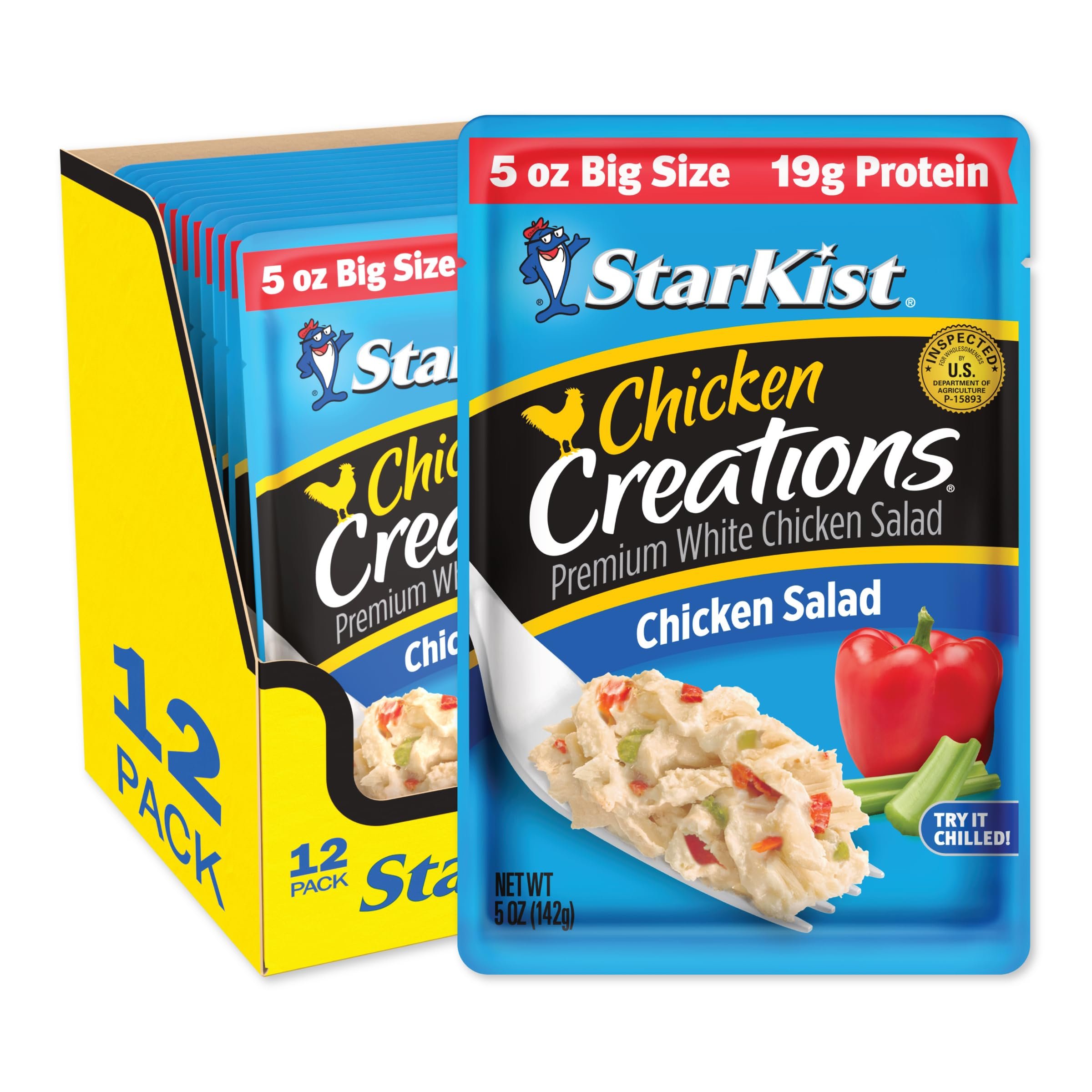 StarKist Chicken Creations Chicken Salad Pouch (5 oz - 12 Pack) Fully Cooked White Meat, 19g Protein Per Serving, Gluten Free, Soy Free, No Draining, Ready to Eat for Salad and Sandwiches - Product Image