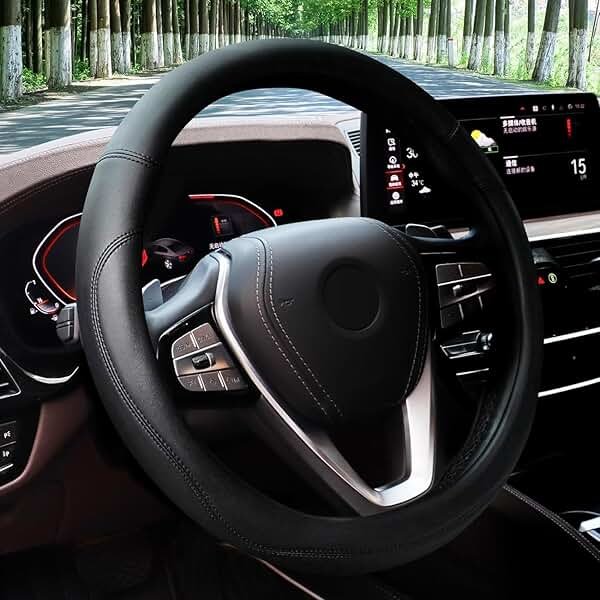 HOTOR Car Steering Wheel Cover - Universal Car Accessory for Diverse Cars, Leather Cover with Anti-Slip Lining, for Steering Wheel with a Diameter of 14.5"-15",Black - Product Image
