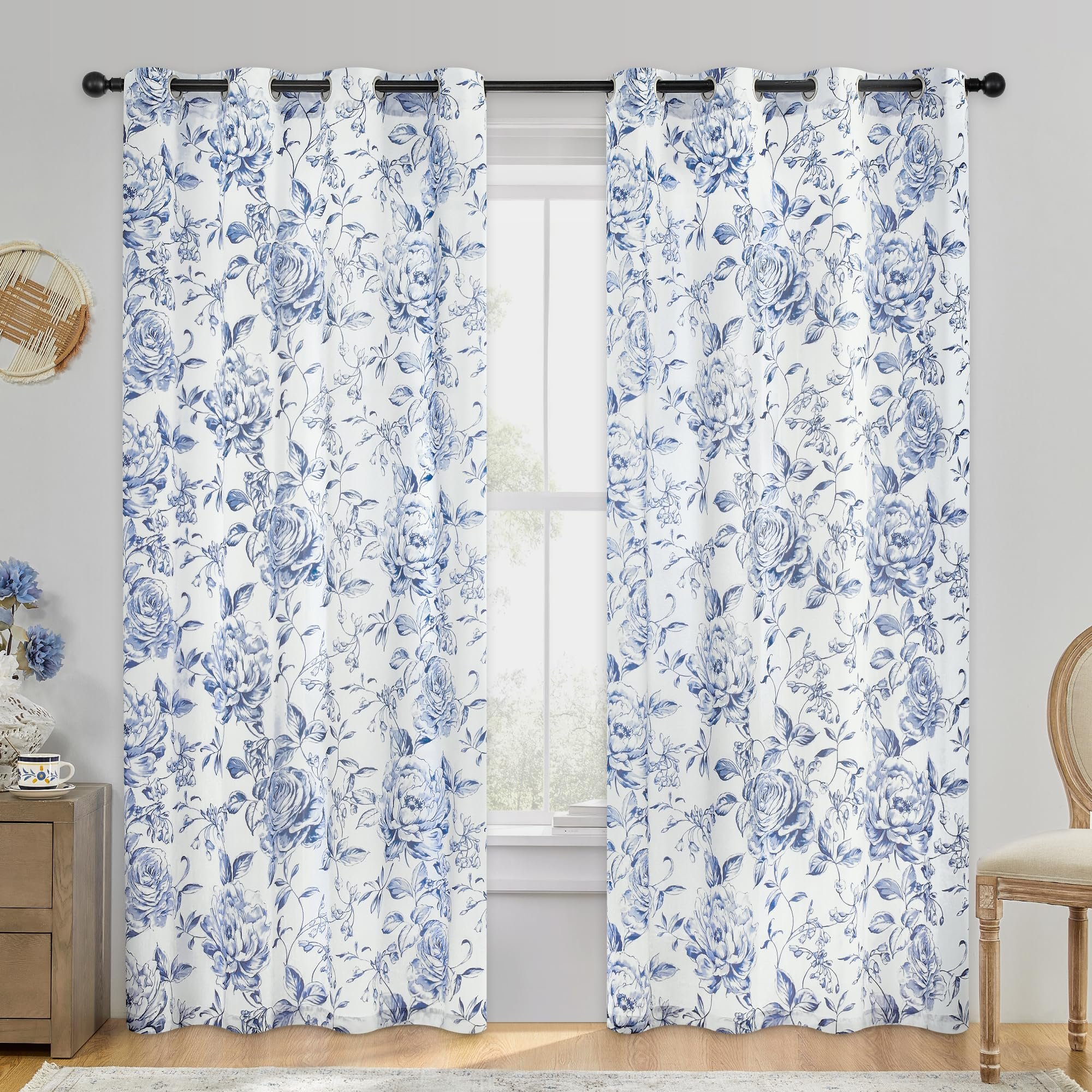 Beauoop Floral Curtains 84 Inches Long 2 Panels for Bedroom Living Room Blue Rose Flower Patterned Farmhouse Light Filtering Room Darkening Privacy Grommet Top Window Treatments Drapes, 50X84 - Product Image