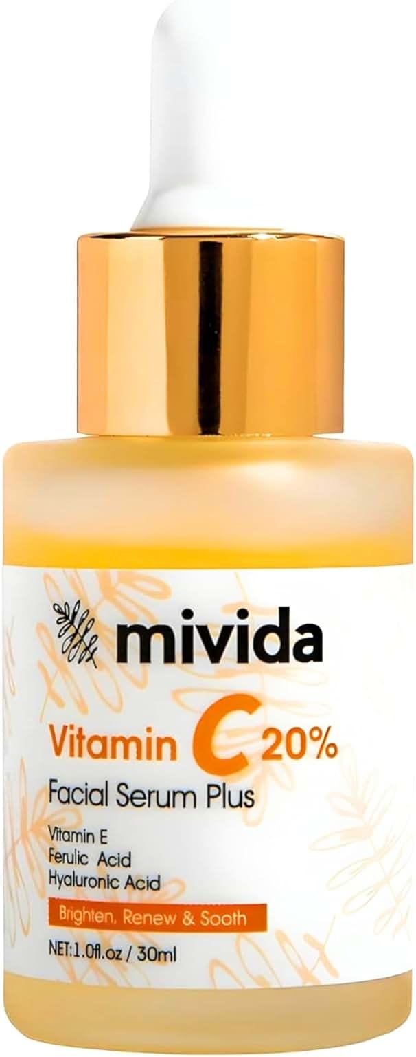 mivida 20% Vitamin C Serum for Face, Anti-Aging & Brightening Serum | W/Hyaluronic & Ferulic Acid, Vit E | Reduces Wrinkles, Fine Lines, Dark Spots & Hyperpigmentation, Maximum Strength Formula, 1floz - Product Image