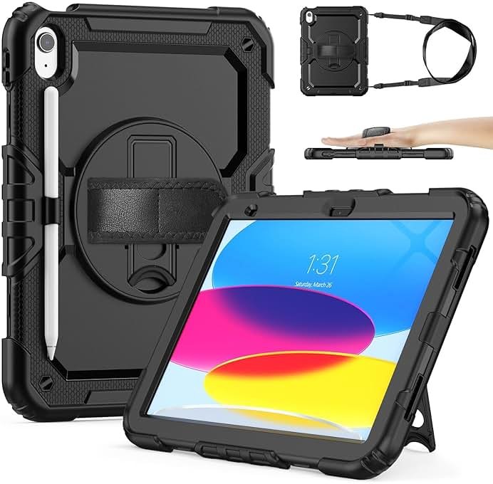 Sibeitu for iPad (A16) 11th/ 10th Generation Heavy Duty Case for Work 10.9 Inch 2025/2022 with Screen Protector, Military Grade Defender Protection, Rugged Shockproof Cover with Stand & Strap, Black - Product Image