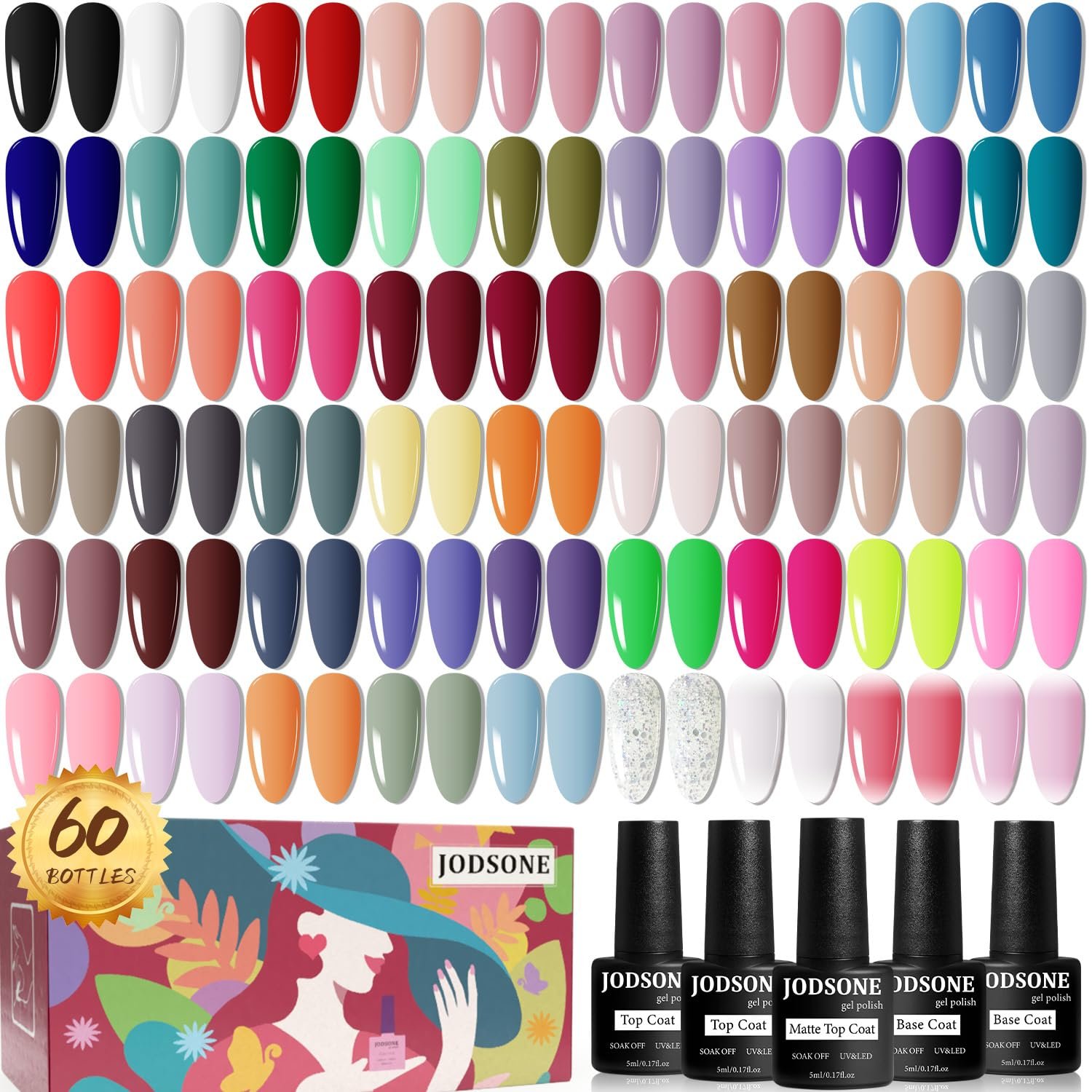 JODSONE 60 PCS Gel Nail Polish Set with 5 Bottles of Base and Glossy Matte Top Coat Soak off Gel Nail Set Suitable for All Seasons Gifts - Product Image