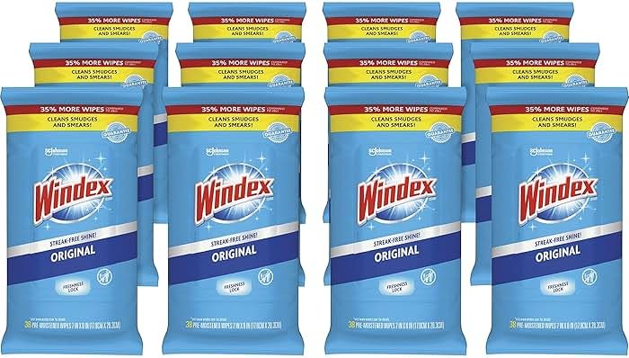 SC Johnson Windex Glass and Surface Wet Wipe, Cloth, 7 x 8, Unscented, White, 38/Pack, 12 Packs/Carton - Product Image