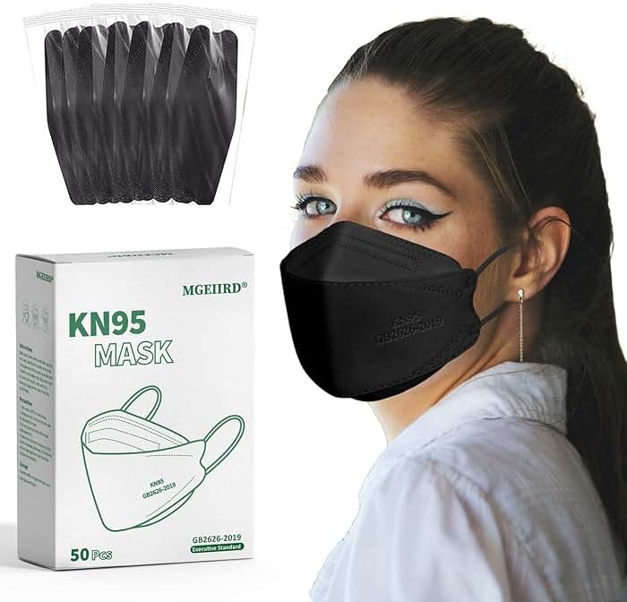 MGEIIRD KN95 Face Masks for Adults 50 Pcs, Individually Wrapped, 5-Ply Black Disposable Face Mask Against PM 2.5 Smoke & Dust, Filtration Efficiency 95% - Product Image
