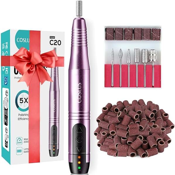 COSLUS C20 Cordless Nail Drill Electric File: Professional for Acrylic Gel Dip Powder Nails, Portable All-in-One Nail Drill Machine Kit for Manicure & Pedicure, Rechargeable Lightweight, Purple - Product Image