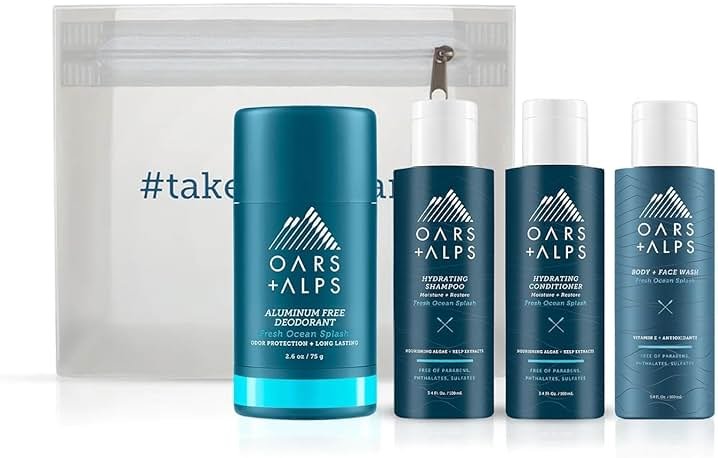 Oars + Alps Hair and Body Travel Kit for Men, Includes Sulfate Free Shampoo, Conditioner, Body Wash, Deodorant, and Reusable Pouch, TSA Friendly, Fresh Ocean Splash Scent - Product Image