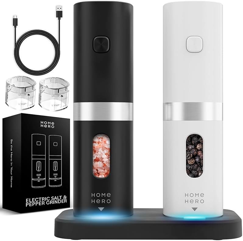 Home Hero Electric Salt and Pepper Grinder Set - Automatic Salt and Pepper Grinder Set Rechargeable. Electronic Salt and Pepper Shakers with LED Light, Electric Pepper Grinder & Salt Grinder, Set of 2 - Product Image