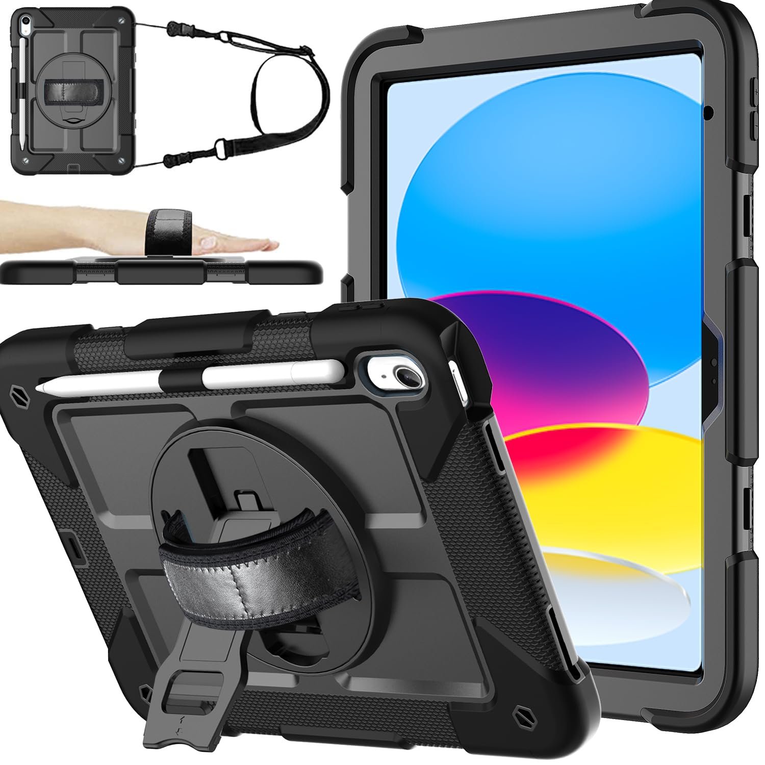 BMOUO Case for iPad (A16) 11th Generation 11" 2025/iPad 10th Generation 10.9 inch 2022, 360 Rotating Stand & Pencil Holder & Hand & Shoulder Strap Shockproof iPad 11th/10th Generation Case, Black - Product Image