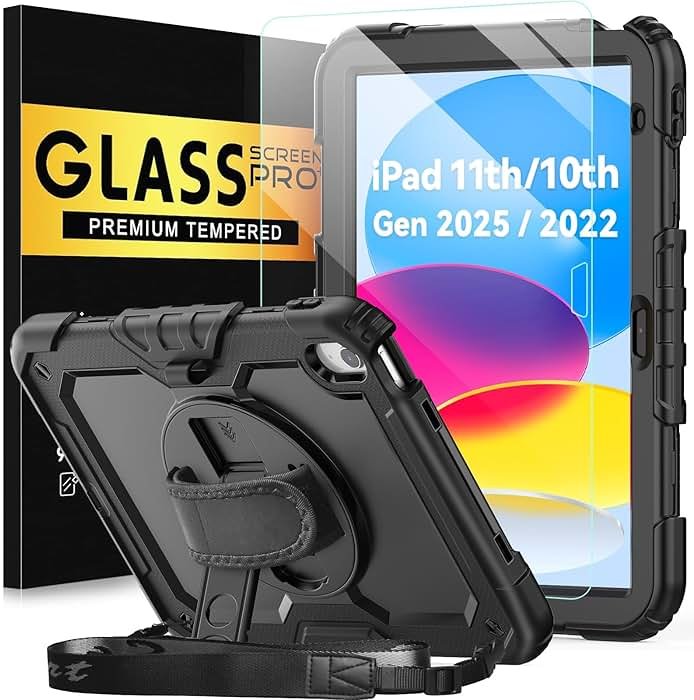 BLOSOMEET Case for iPad A16 11th/10th Generation 11''/10.9'' 2025/2022 with Tempered Glass Screen Protector & Pencil Holder, Rugged Military Grade Cover w/Stand Hand Shoulder Strap, Black - Product Image
