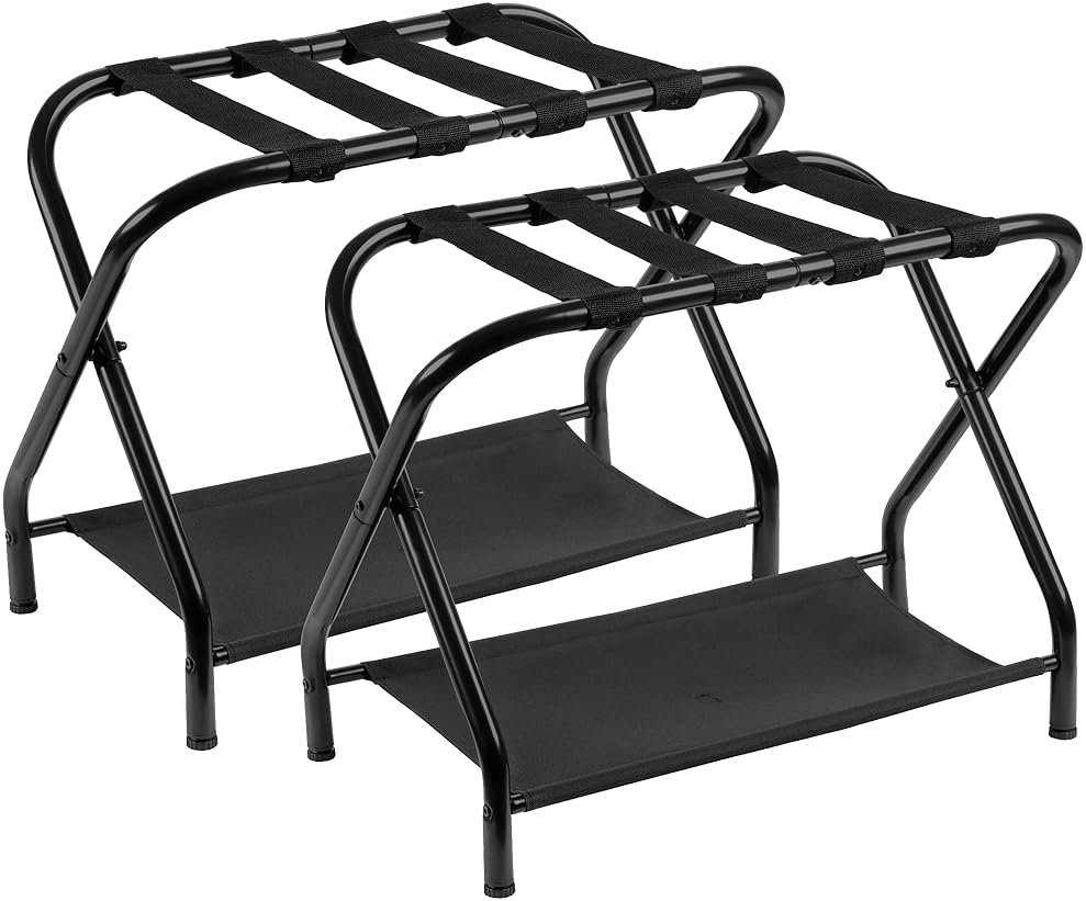 Heybly Luggage Rack for Guest Room, Pack of 2, Steel Folding Suitcase Stand with Storage Shelf for Bedroom, Hotel, Foldable Steel Frame, Guest Room 26.2" L x 14.4" W x 20.5" H, Black HLR004B2 - Product Image