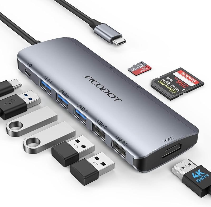 USB C Hub, Acodot 9 in 1 USB C to 4K@60HZ HDMI Multiport Adapter, 3 USB 3.0 Ports, SD/TF Card Reader, 100W PD, Desigend for MacBook Pro Air HP XPS and Other Type C Devices - Product Image