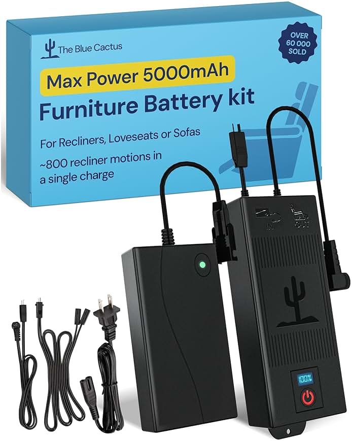 Blue Cactus 5000mAh Rechargeable Battery Pack for Reclining Furniture - Easy Install for Power Recliners, Loveseats and Sofas - Power Kit with Transformer, Charging, Extension and Splitter Cords - Product Image
