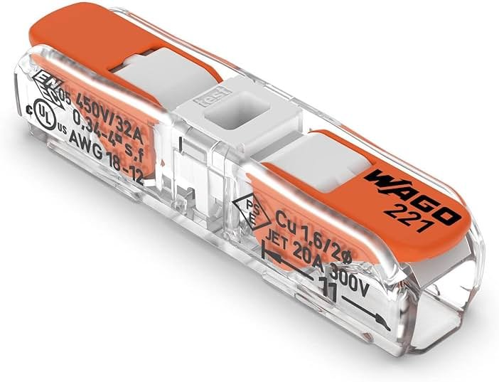 221-2401 | WAGO Lever-Nuts® Inline Splicing Connector | for Solid and Stranded Conductors | 2-Conductor with Operating levers | 20-12 A.W.G. | Transparent housing | White Cover | [Box of 60 Pieces] - Product Image