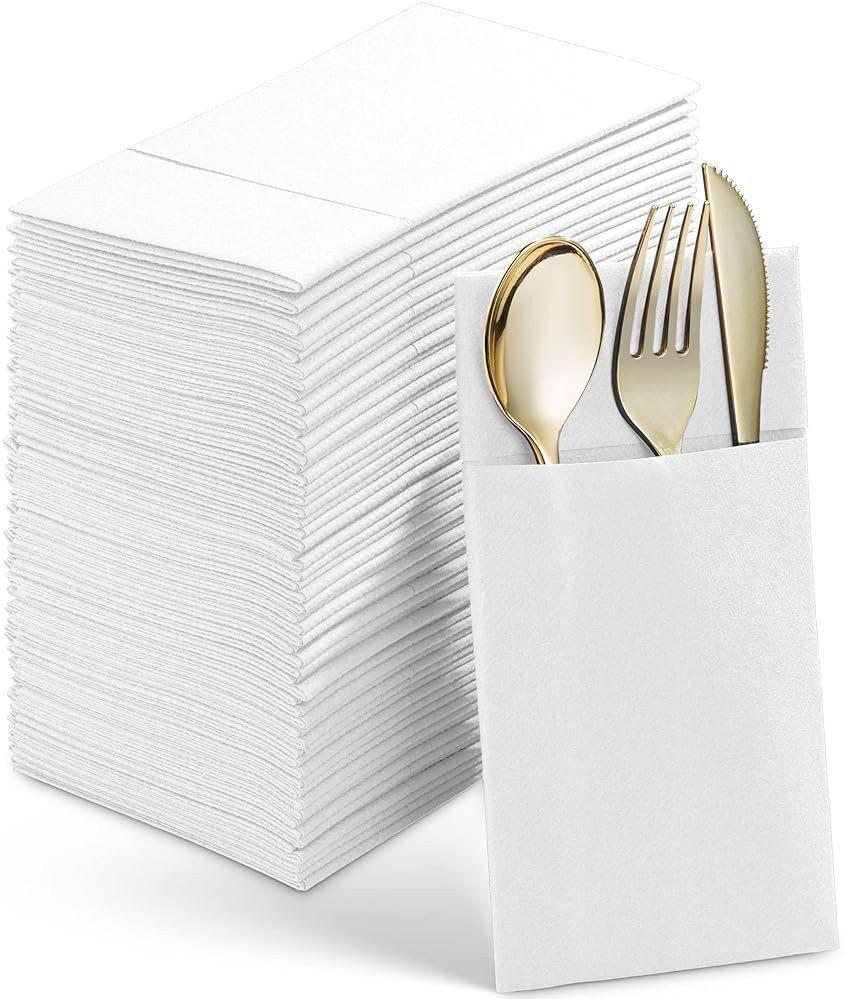 Disposable Linen-Feel Dinner Napkins With Built-in Flatware Pocket, 50-Pack WHITE Prefolded Cloth Like Paper Napkins For Wedding, Dinner Or Party - Product Image
