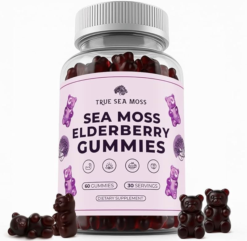 TrueSeaMoss Sea Moss Gummies with Elderberry, Burdock Root & Bladderwrack – for Adults & Kids 4+ – Fruity Flavor – 60 Gummies - Product Image