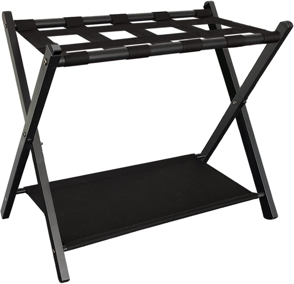 Queension Folding Luggage Rack Stand with Shelf for Guest Room, Foldable Metal Suitcase Storage Caddy Holder for Bedroom Hotel Essentials, Black, 1pack - Product Image
