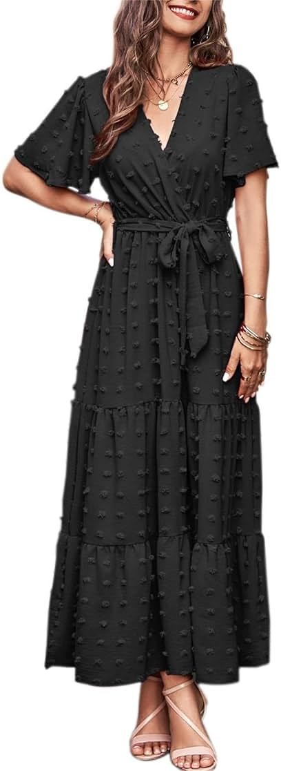 MASCOMODA Womens Summer Swiss Dot Maxi Dresses Wrap V Neck Flutter Short Sleeve Boho Casual Flowy Long Wedding Guest Dress - Product Image
