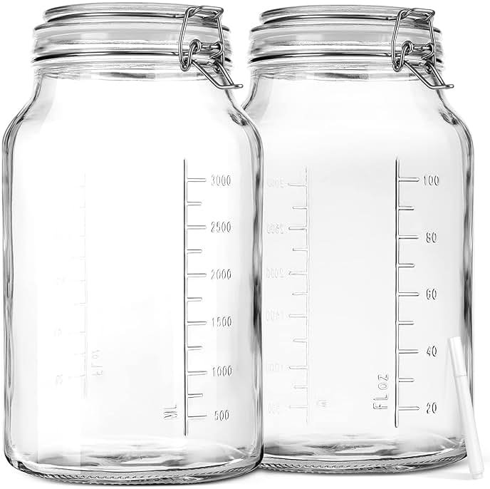 1 Gallon Super Wide Mouth Glass Storage Jars with Airtight Lids and 2 Measurement Marks, Leak Proof Glass Container with Hinged Lids, Large Pickle Jars with Labels and Silicone Gasket, 2 Pack - Product Image