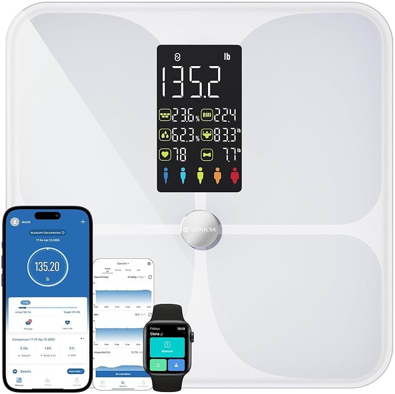 Lepulse Smart Body Fat Scale with Heart Rate, 4.68" Large Display BMI Scale, 20 Body Composition Metrics: Muscle Mass, Body Fat Percentage, Bluetooth Digital Bathroom Scale with App for Home Fitness - Product Image