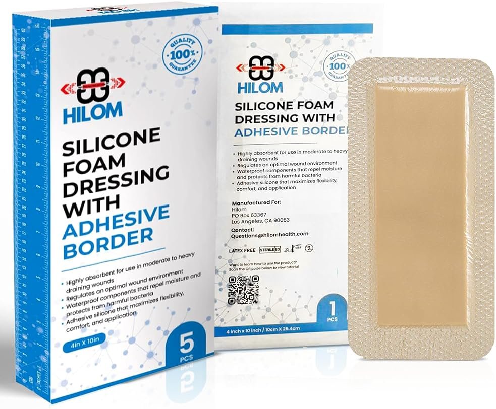 Hilom Silicone Foam Dressing with Adhesive Border 4 in x 10 in (5 Pack) Waterproof Dressing | Moist to Heavily Draining Wounds Including Pressure Ulcer, Burns, or Lacerations | Latex Free - Product Image