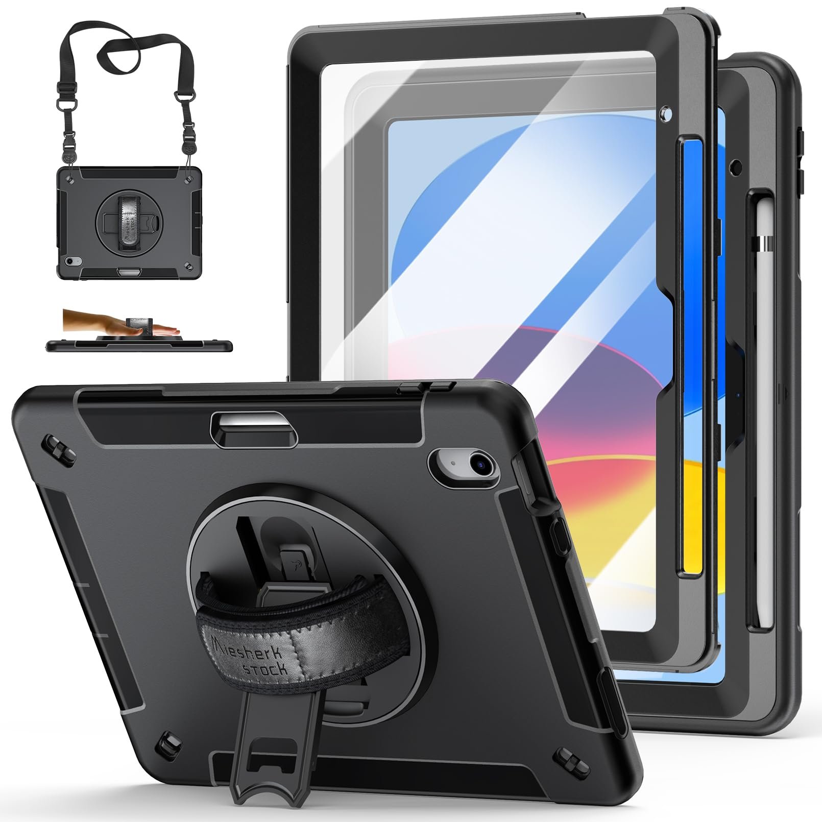 Case for iPad (A16) 11th/10th Generation Case: Protective Cover for iPad 11th Gen 11 Inch 2025 &10th Gen 10.9" 2022 with Screen Protector- Stand- Shoulder Strap- Handle- Pencil Holder-Black - Product Image