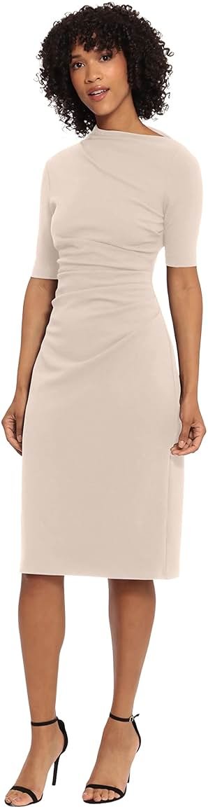 Maggy London Women's Maggy London Women's Dresses Side Pleat Dress with Asymmetric Neck and Elbow Sleeves - Product Image