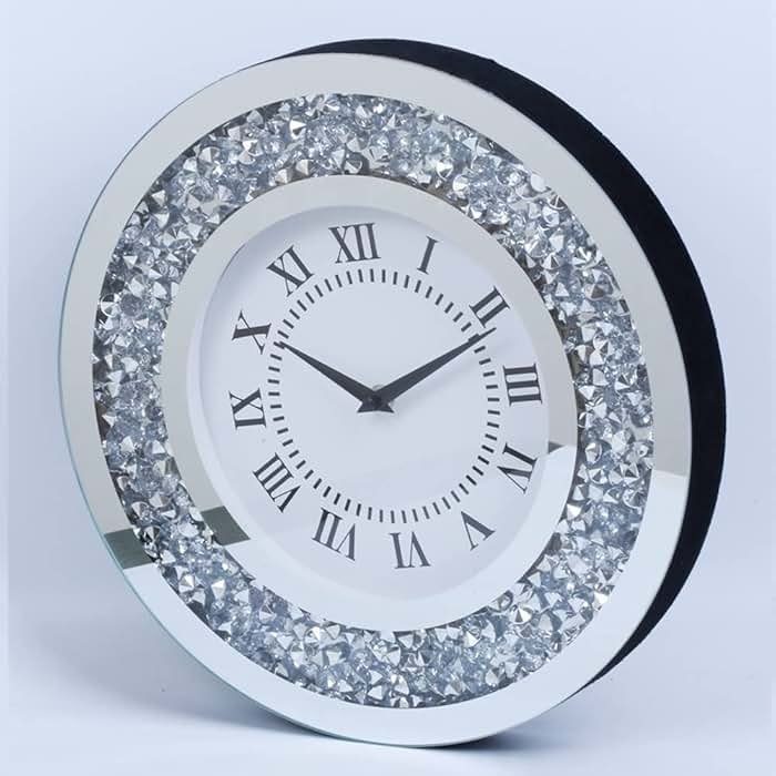 Silver Mirror Clock Crystal Sparkle Twinkle Bling Crush Diamond Mirrored Large Wall Clock for Wall Decoration Silver Glass Mirror Home Décor. AA Battery is not Included. (14 inches-Round) - Product Image