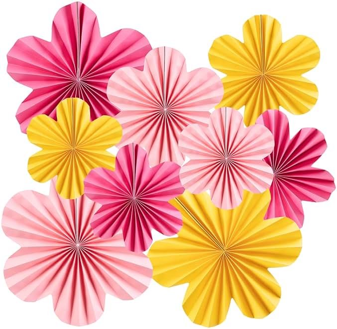SUNBEAUTY Paper Flowers Decorations for Wall, Paper Flower Fan Classroom Decoration Paper Floral Backdrop Decor Paper Fans Decoration Hanging Paper Fans Pink Yellow Flower Wall Decor - Product Image