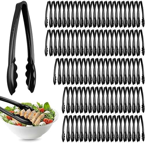 Tessco for you 100 Pcs Plastic Tongs for Serving Bulk, 9 Inch Plastic Disposable Serving Tongs, Heavy Duty Salad Tong for Kitchen, Buffet, BBQ, Events & Catering (Black) - Product Image