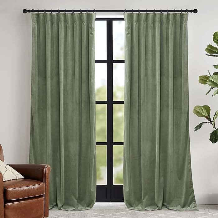 RYB HOME Sage Green Velvet Curtains 84 inches, Room Darkening Super Soft Velvet Drapes with Pleat Tape for Living Room, Thermal Insulated Window Treatment for Bedroom, W52 x L84 inch, 2 Panels - Product Image