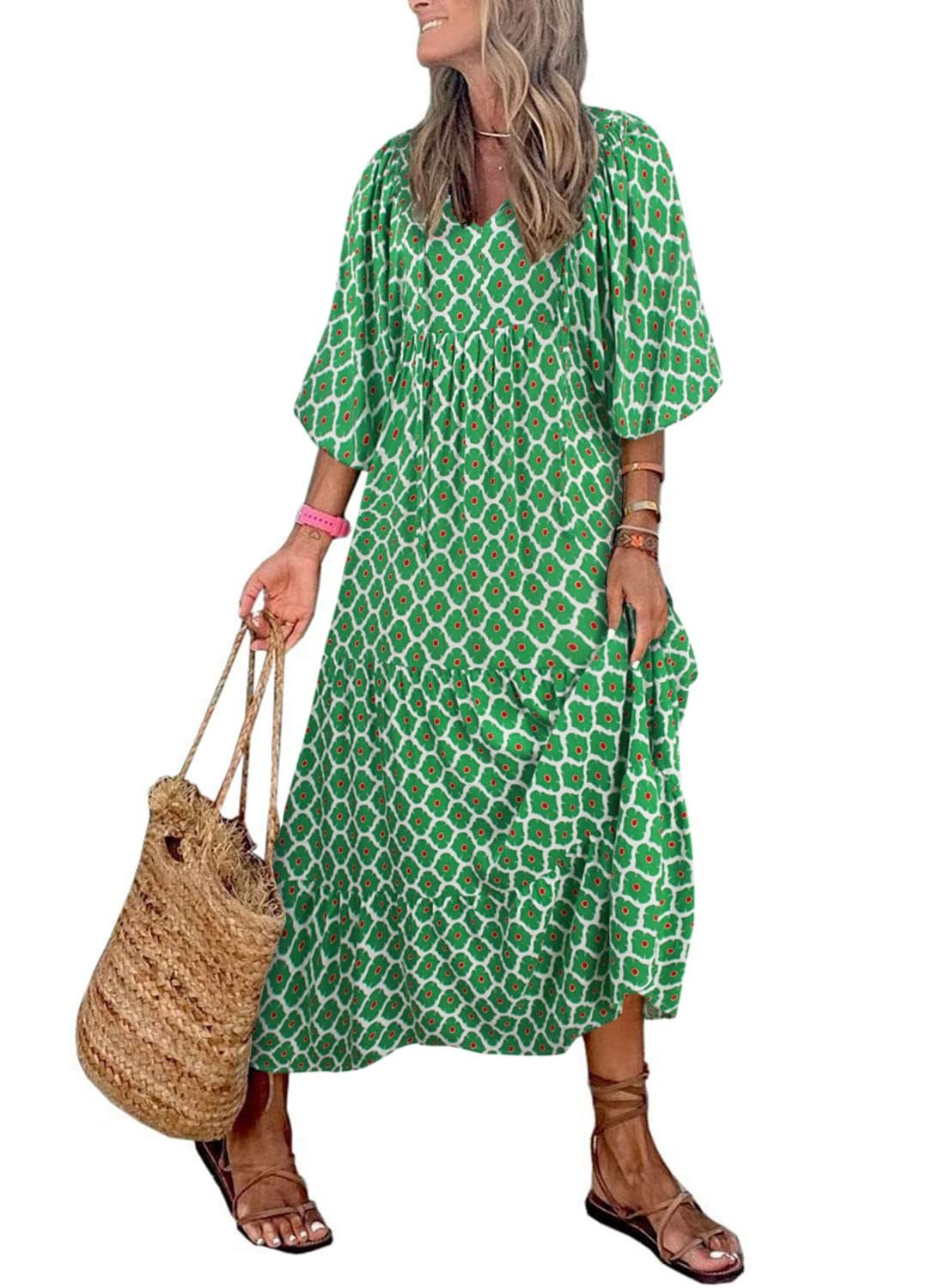miduo Womens Loose Fit Casual Summer V Neck Half Sleeve Bohemian Geometric Pattern Maxi Long Dresses - Product Image