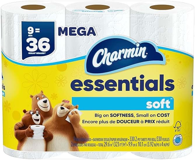 Charmin Essentials Soft Toilet Paper, 9 Mega Rolls = 36 Regular Rolls - Product Image