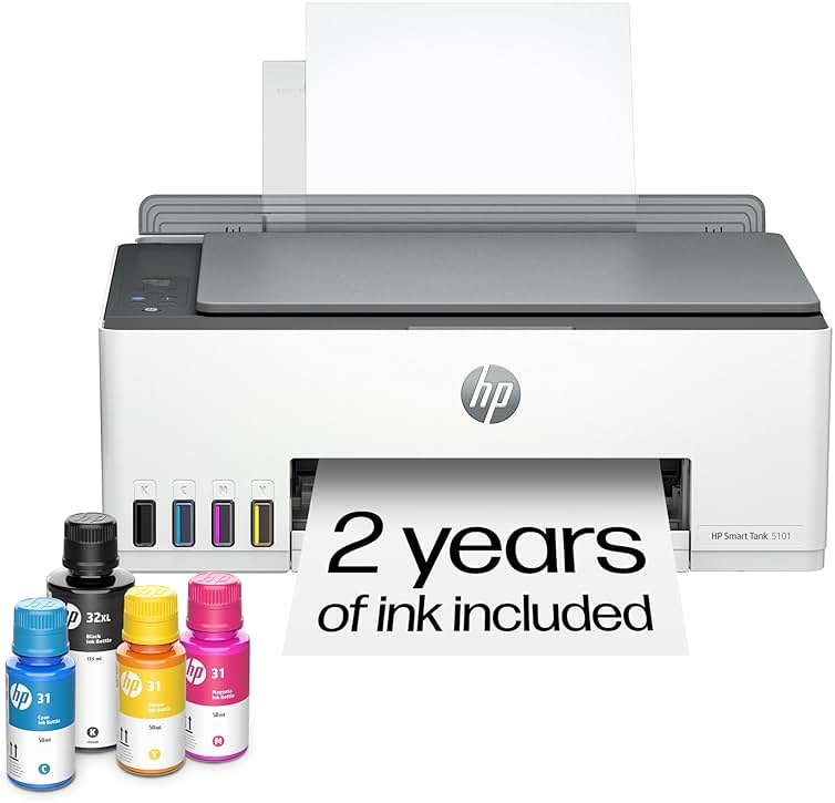 HP Smart Tank 5101 Wireless All-in-One Refillable Printer, Scanner, Copier with 2 Years of Ink Included, Wireless (2.4ghz only) Printer-for-Home use (1F3Y0A) - Product Image