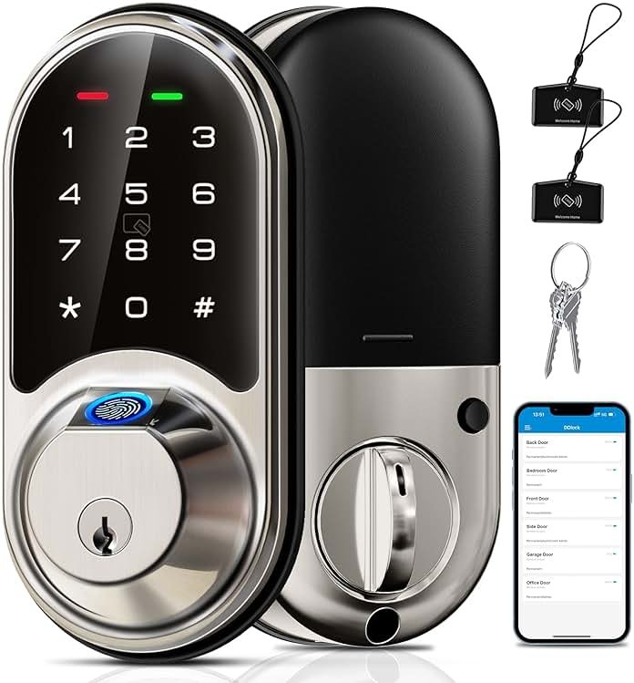 Veise RZ07 Fingerprint Smart Lock, 7-in-1 Smart Locks for Front Door, Keyless Entry Door Lock with App Control & Auto-Lock, Biometric Electronic Touchscreen Keypad Deadbolt, Satin Nickel - Product Image