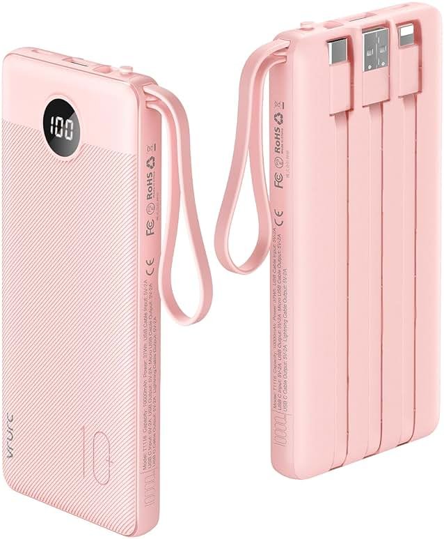 VRURC Portable Charger Power Bank, Built-in 4 Cables & 2 Ports,10000mAh Slim Battery Pack with LED Display, Travel Essential USB C Portable Phone Charger for All Cell Phones Devices-Pink(1 Pack) - Product Image