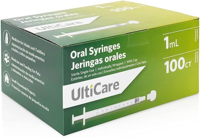 UltiCare 1mL Oral Tip Syringe – Uses Include Oral Administration of Medicine for Infants, Toddlers and Small Pets, and Small HH Projects. with Cap, Sterile Individually Wrapped, 100 Count - Product Image