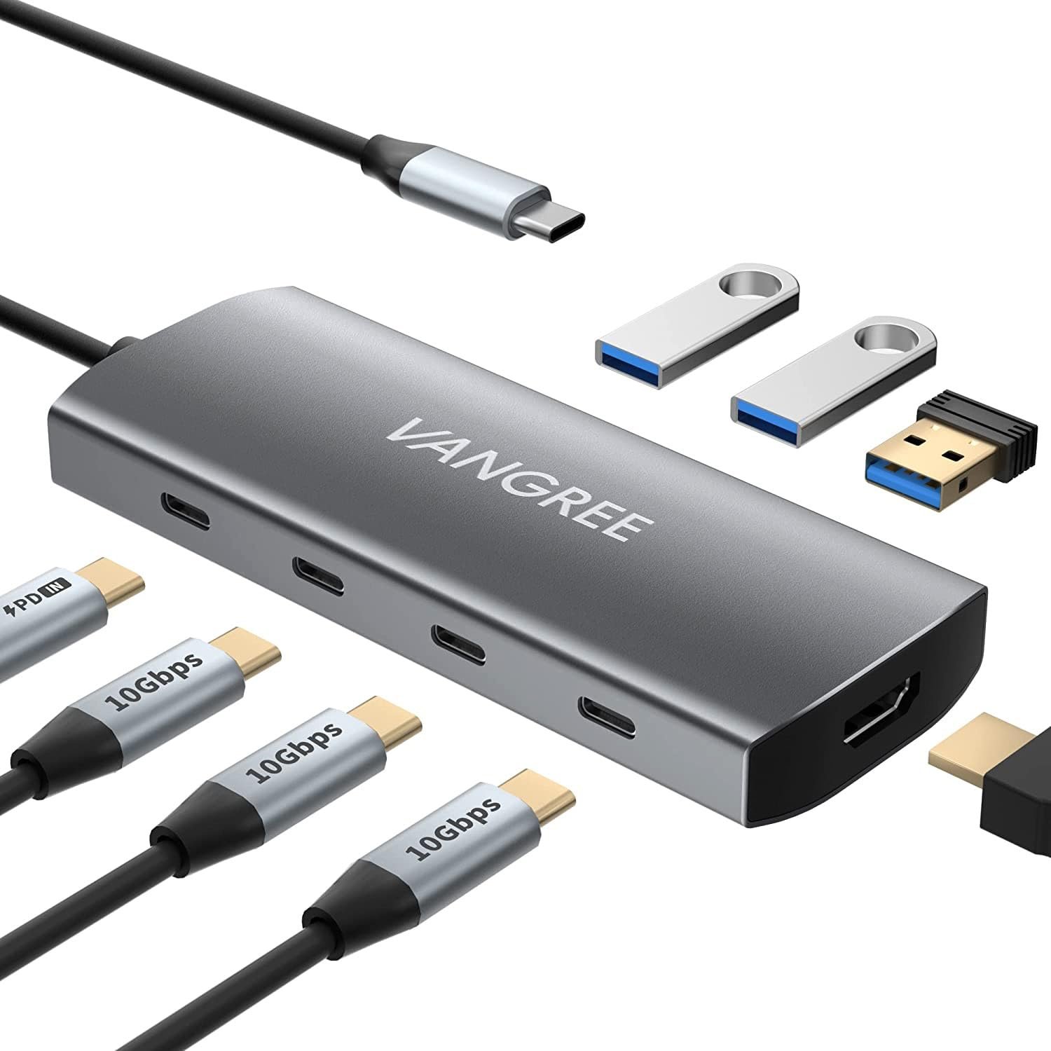VANGREE USB C Hub 8 in 1 Multiport Adapter, 3 USB-C & 3 USB-A 3.2 10Gbps, 4K@60Hz HDMI, 100W Power Delivery, USBC Splitter Extender for MacBook Pro/Air, iPad Pro, iMac, Mac mini, Dell, Surface - Product Image