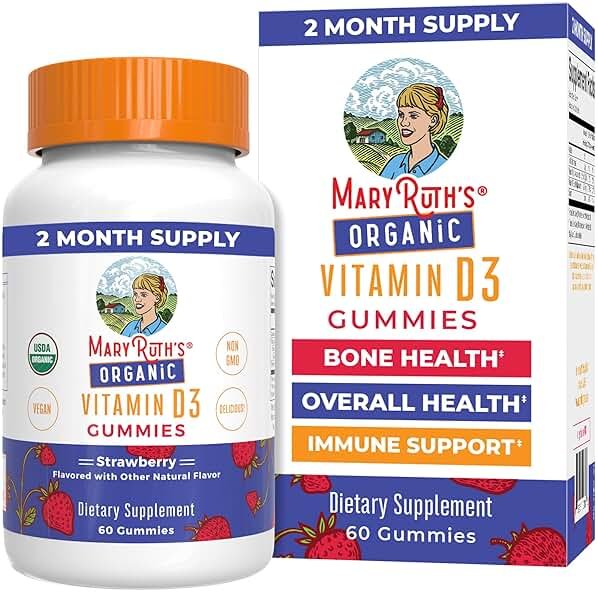 MARYRUTH'S Organic Vitamin D3 Gummies | 1000 IU | USDA Organic | Immune Support| Bone Health | Muscle Function | for Adults & Kids Ages 2+ | Vegan | Gluten Free | 2 Month Supply | 60 Count - Product Image