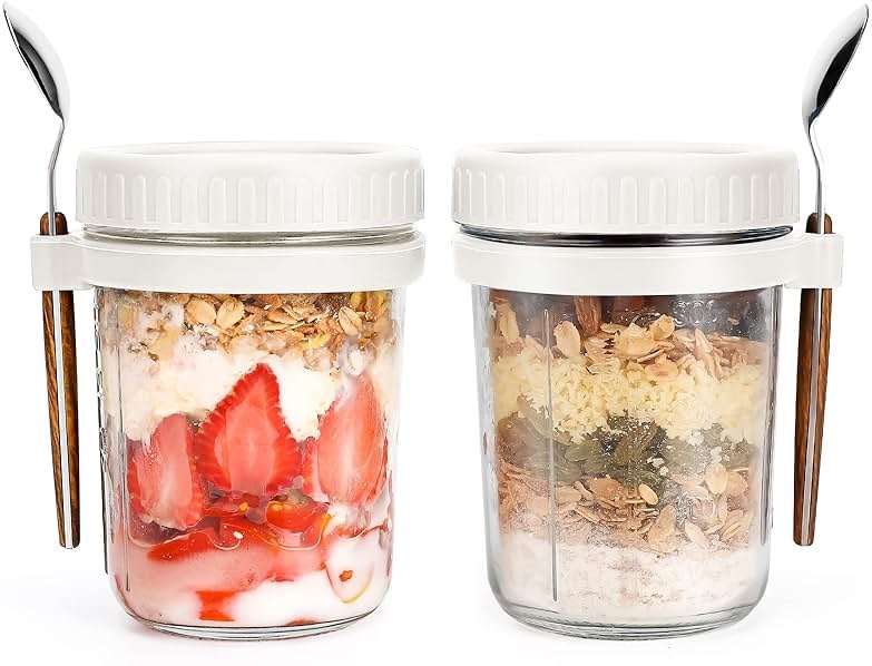 PFUM Overnight Oats Jars with Spoon and Lid 16 oz [2 Pack], Airtight Oatmeal Container with Measurement Marks, Mason Jars with Lid for Cereal On The Go Container (2pcs white) - Product Image