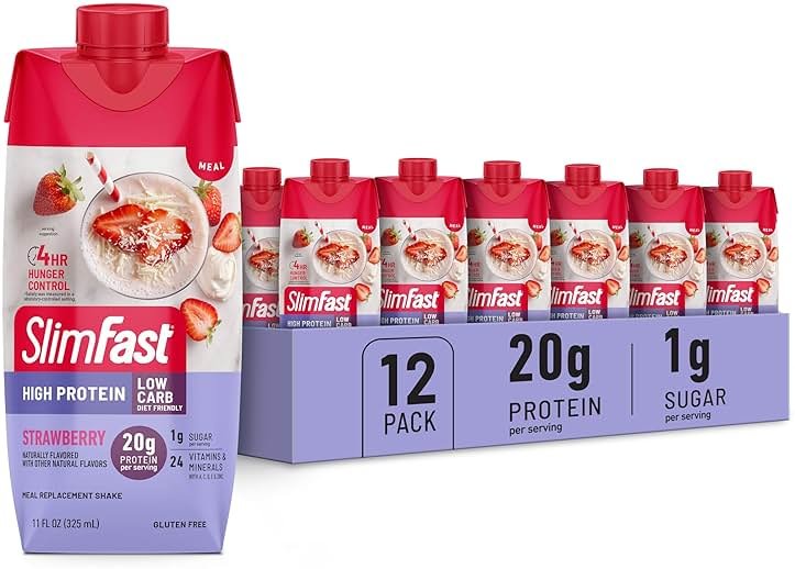 SlimFast Protein Shake, Strawberry- 20g Protein, Meal Replacement Shake Ready to Drink, High Protein with Low Carb and Low Sugar, 24 Vitamins and Minerals, 12 Count (Pack of 1) (Packaging May Vary) - Product Image