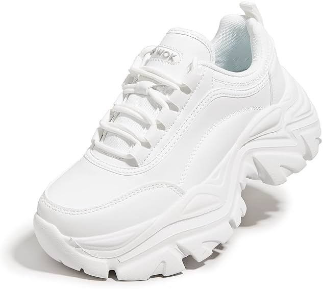 K KIP WOK Chunky Sneakers for Women Fashion Platform White Leather Casual Dad Shoes Comfortable Wedge Walking Sport Sneakers - Product Image