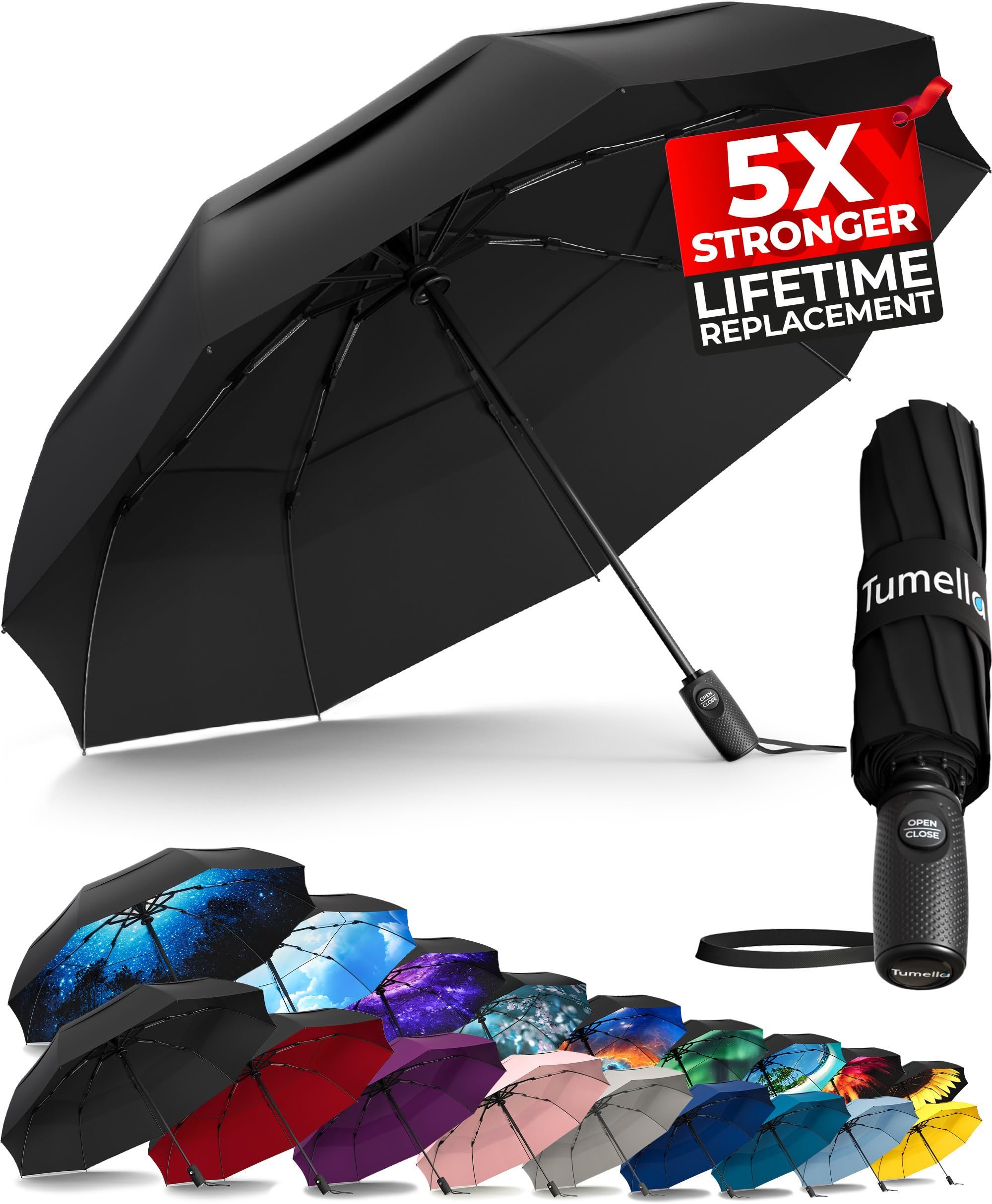 TUMELLA Strongest Windproof Travel Umbrella (Compact, 100MPH Wind-Tested), Light, Portable, One-Handed Use, Automatic Folding Rain Umbrella, Durable, Premium Grip, Fits Car & Backpack - Product Image